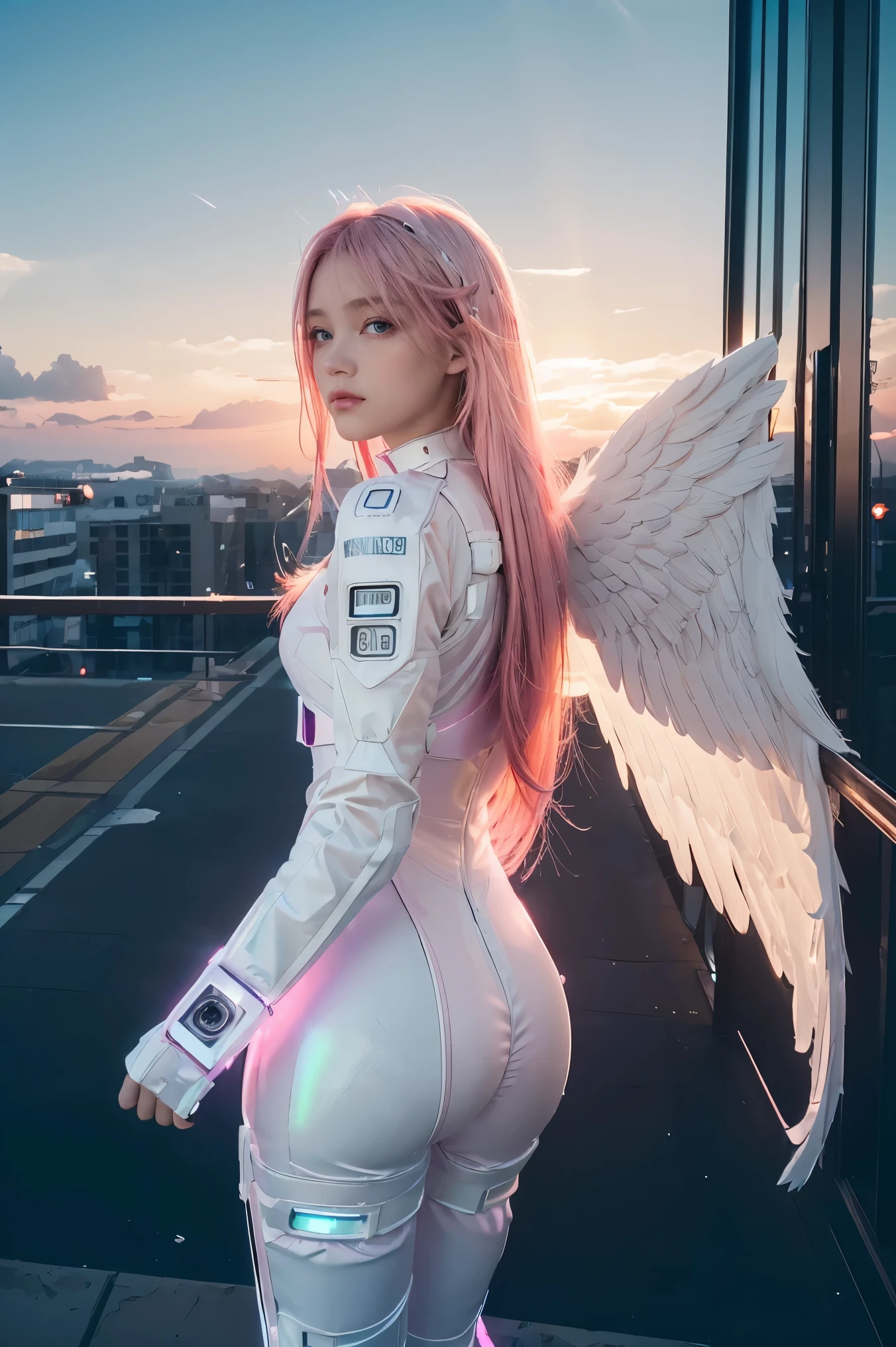 ((masterpiece, best quality, extremely detailed), volumetric lighting, ambient occlusion, colorful, glowing), 
1girl, solo, young girl, (pink hair), long hair, halo, aura, sacred, godness, cyber suit, (white outfit:1.3), android, bot, angel wings,
outdoors, sunset, sky, clouds, space, (cyberpunk theme:1.2),