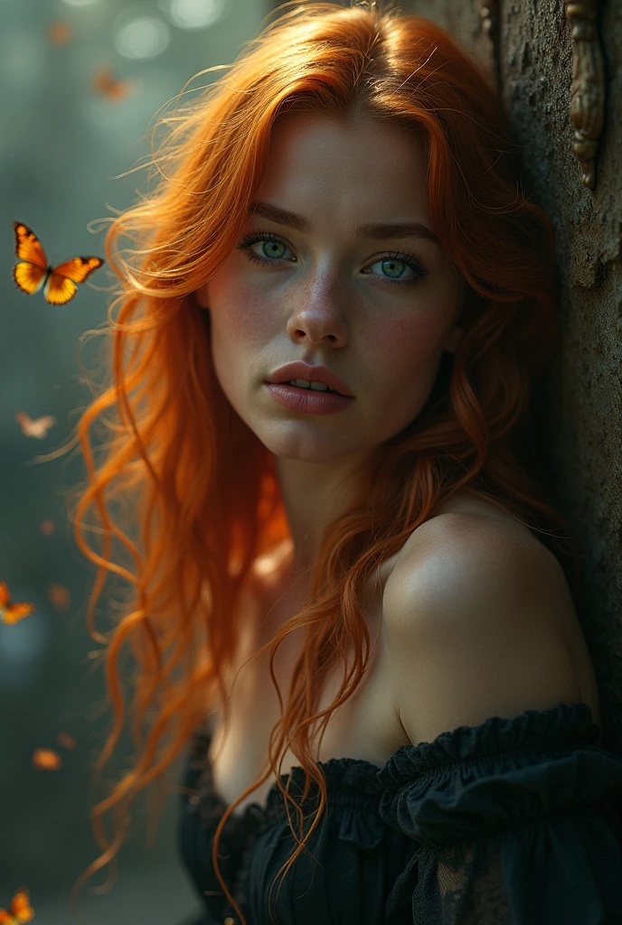 (solo, full body photo:1.3), (action packed:1.3), (haze, fog, mist:1.3), chiaroscuro, best quality, photorealistic, 1woman, (cute), (24yo:1.2), redhead, long ginger hair highly detailed, 1700'S, digital photography, art by artgerm and ruan jia and greg rutkowski surreal painting gold butterfly filigree, broken glass, (masterpiece, sidelighting, finely detailed Fashionable eyes: 1.2) (perfect oval large eyes that gazes at the viewer), beautiful detailed face, blue gorgeous perfect eyes, (blonde hair ponytail), (attractive young woman:1.3), (thick amazing hair), (seductive:1.1), (blushing:1.1)