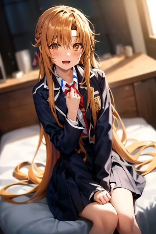 ((Best Quality)), ((masterpiece)), (be familiar with), Perfect Face, indoor, bedroom, Watching the audience,
One woman, Yuuki Asuna,
Open Mouth, Ecstatic expression, blush, smile,
Small breasts, Flat Chest, , , , Girl,
Long Hair, Long Hair,
Leg spread,