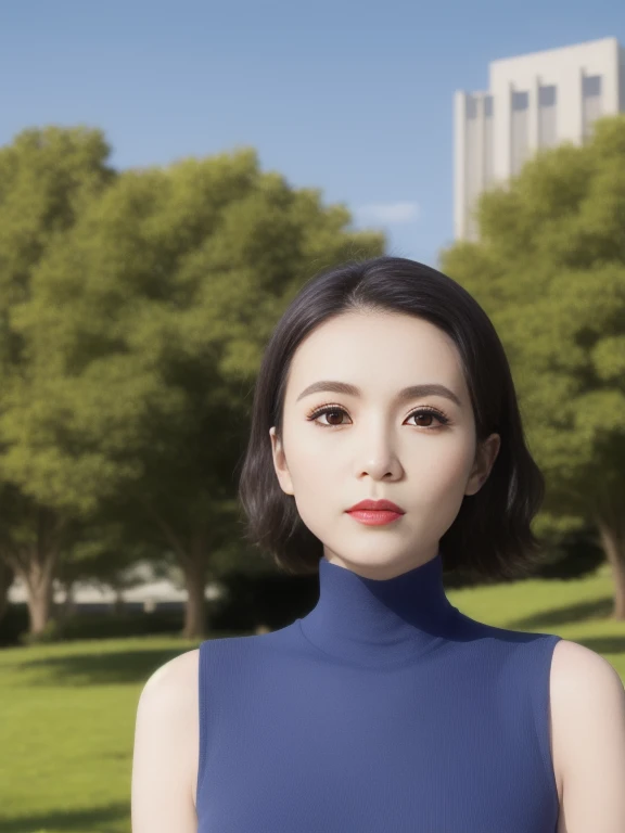 (throw, f/2.8, 35mm, masterpiece, high quality, UHD, 8k)、One Japanese woman、Leaning over the camera and peering、Brunette short hair、Perfect Makeup、False eyelashes、Eyeliner、Eyeshadow、Glossy Lips、Turtleneck sleeveless top、Nearby park、blue sky