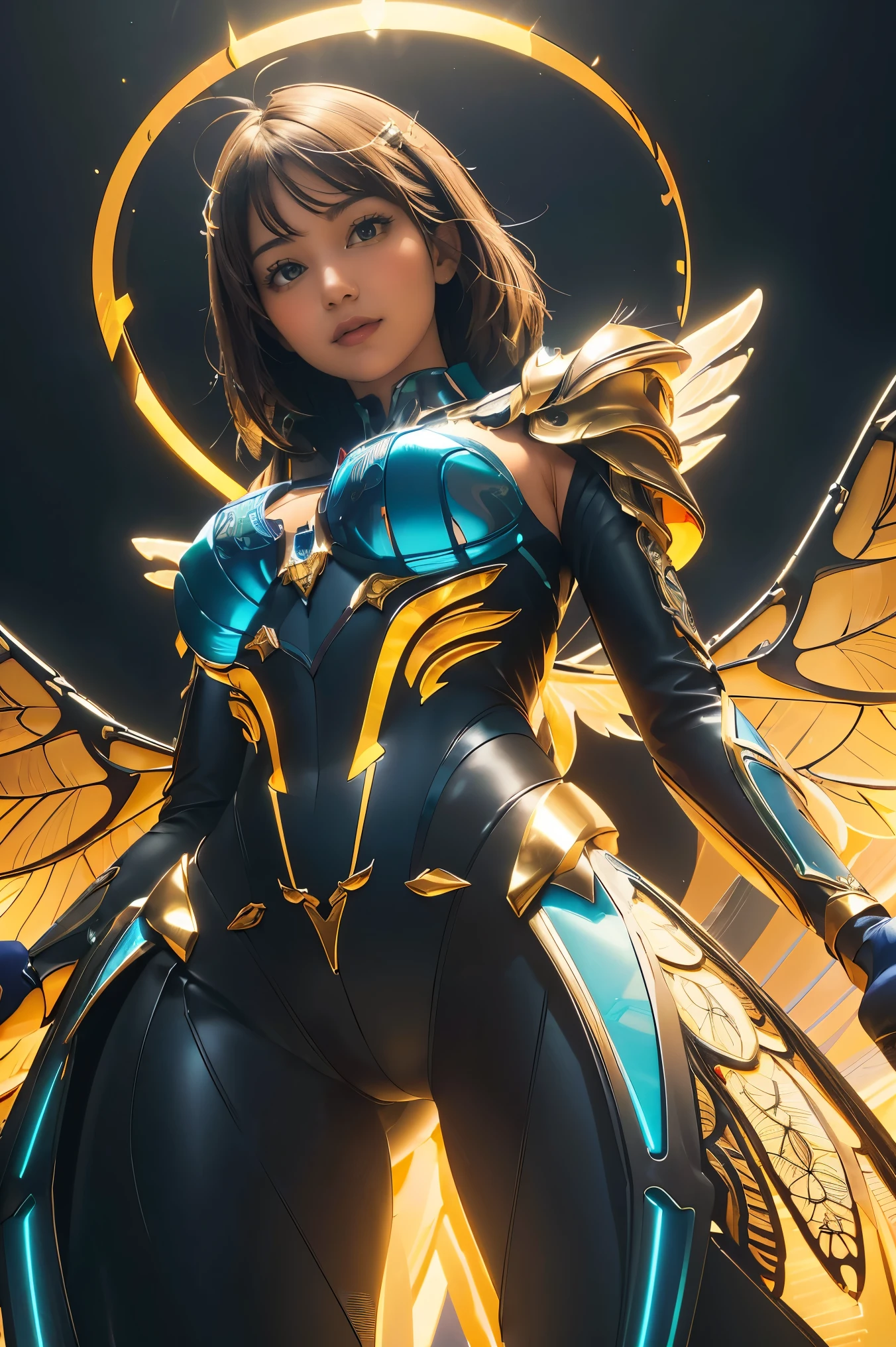 (best quality, masterpiece, colorful, dynamic angle, from below, highest detailed)upper body photo, full body photo, fashion photography of cute mechangel, glowing 4 wings, solo, glowing armor, glowing halo, building, glowing mechanical 4 wings (intricate details, hyperdetailed:1.15), detailed, light passing through hair, (official art, extreme detailed, highest detailed), HDR+