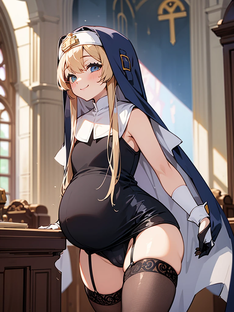frederica, 1girl, blonde hair, green eyes, long hair, solo, sharp teeth, blush, , side, on side, dress lift, navel, stomach, hands on own stomach, looking down