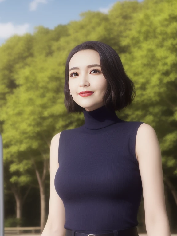 (throw, masterpiece, high quality, UHD, 8k)、One Japanese woman、Mischievous Smile、Shooting from below、Sharp focus、Brunette short hair、Perfect Makeup、False eyelashes、Eyeliner、Eyeshadow、Glossy Lips、Turtleneck sleeveless top、Nearby park、blue sky、Center on screen、