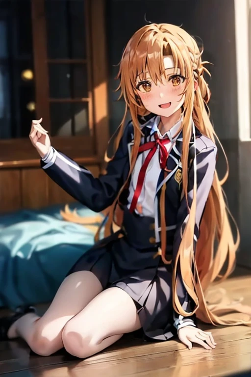 ((Best Quality)), ((masterpiece)), (be familiar with), Perfect Face, indoor, bedroom, Watching the audience,
One woman, Yuuki Asuna,
Open Mouth, Ecstatic expression, blush, smile,
Small breasts, Flat Chest, , , child, Girl,
Long Hair, Long Hair,
Leg spread,