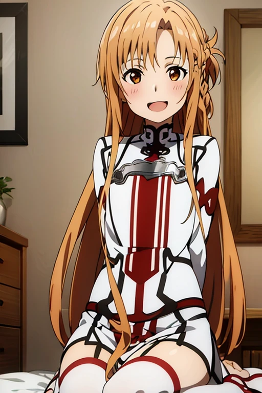 ((Best Quality)), ((masterpiece)), (be familiar with), Perfect Face, indoor, bedroom, Watching the audience,
One woman, Yuuki Asuna,
Open Mouth, Ecstatic expression, blush, smile,
Small breasts, Flat Chest, , , child, Girl,
Long Hair, Long Hair,
Leg spread,