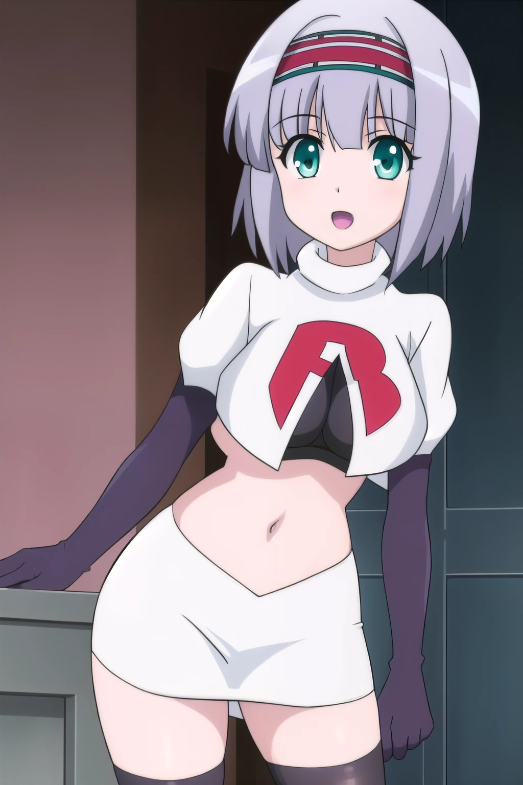 linze, solo, short_hair, breasts, looking_at_viewer, bangs, hair_ornament, headband, hair_between_eyes, medium_breasts, grey_hair, sidelocks, aqua_eyes, light_purple_hair, team rocket,team rocket uniform,white skirt,red letter R,crop top,black thigh-highs,black elbow gloves