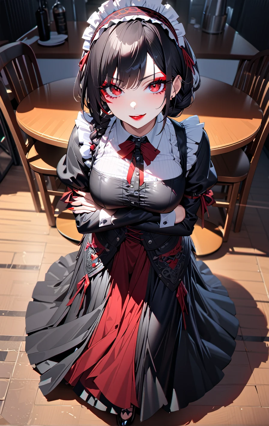 ((ultra detailed, 8k, high res, masterpiece)), (Highly detailed face), ((detailed look:1.8)), (A detailed face, edgy), Teenage girl, One woman, full body, beautiful woman, (fair skin, full makeup), black hair, braid hair, seductive smile, evil grin, (large breasts), (Gothic Maid, headband, maxi length skirt), cafeteria, Bright red lipstick, cowboy shot, high angle:1.5, looking up, crossed arms