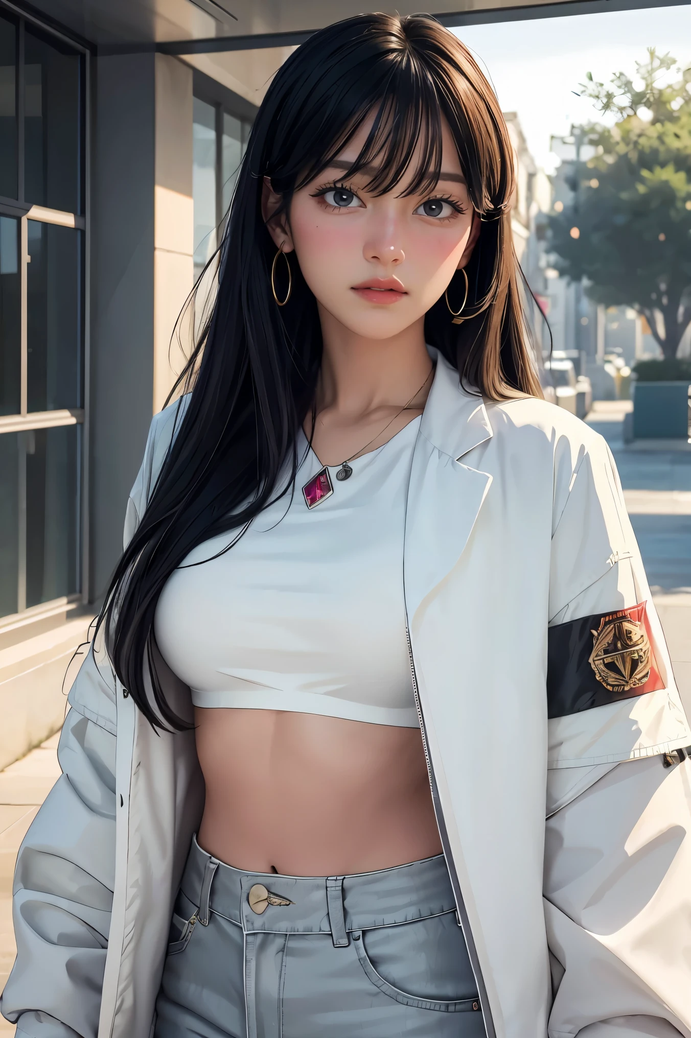 masterpiece, highres, screen shot, best quality, 1girl, (scar on left eye), white cropped jacket, highly detailed, rule of thirds, jewelry, long hair, bangs, hair between eyes