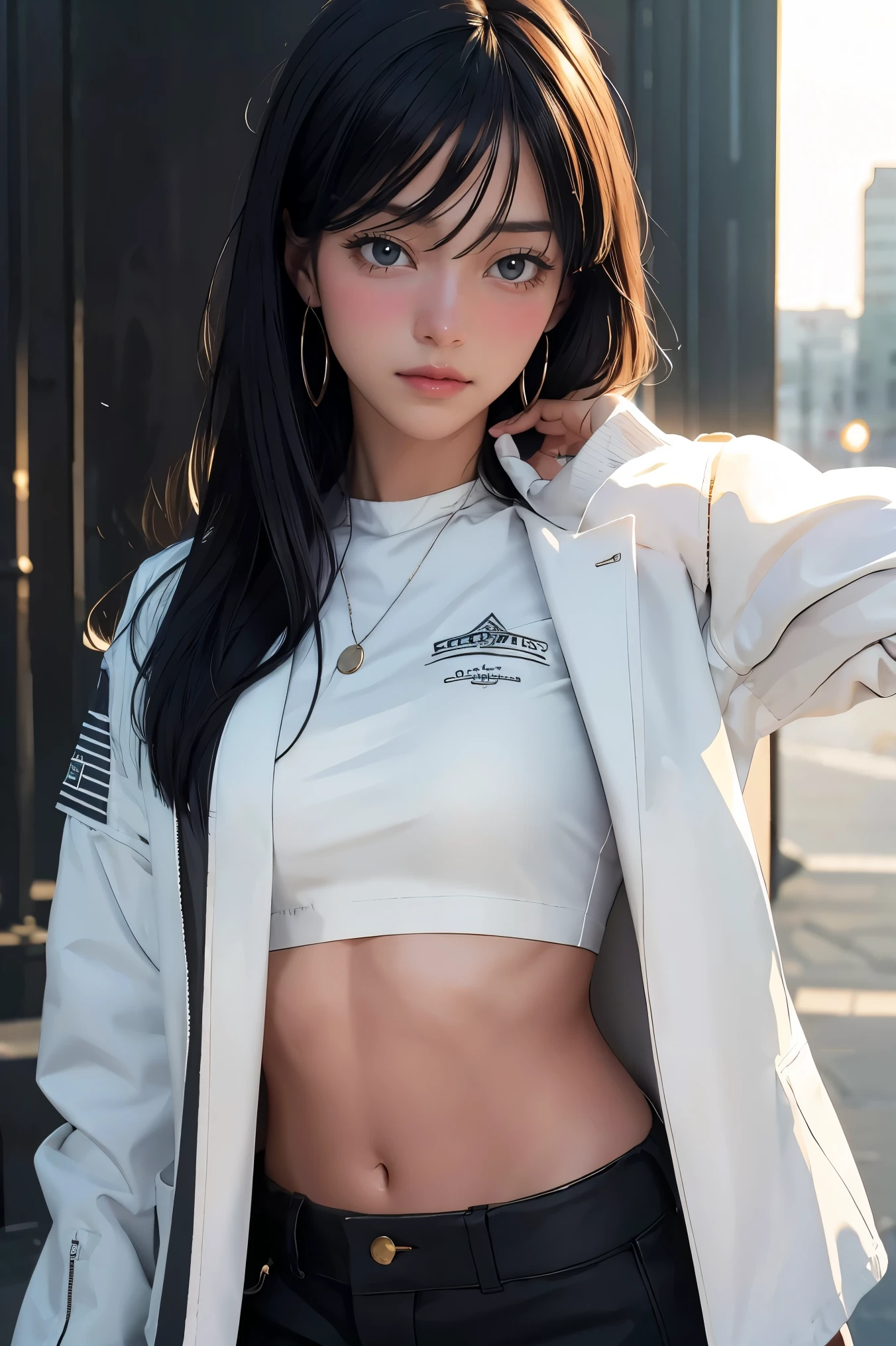 masterpiece, highres, screen shot, best quality, 1girl, (scar on left eye), white cropped jacket, highly detailed, rule of thirds, jewelry, long hair, bangs, hair between eyes