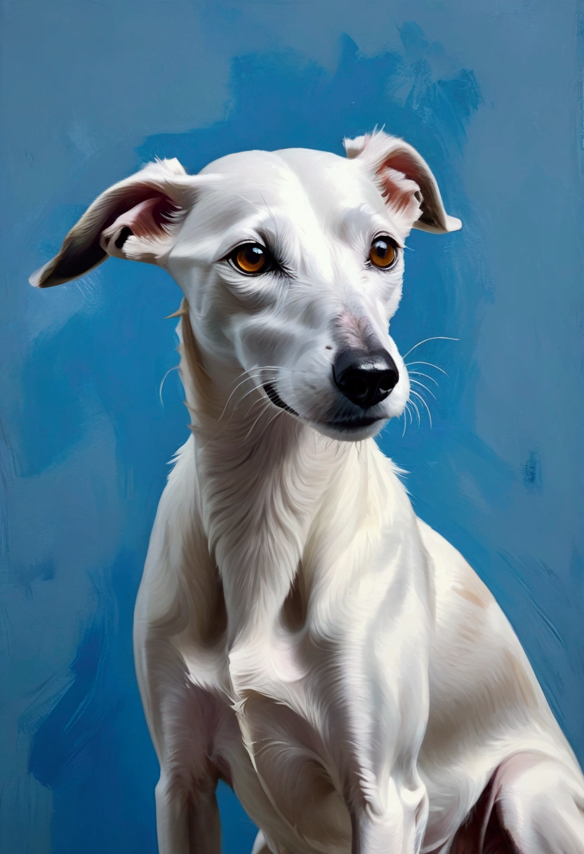 (best quality,4k,8k,highres,masterpiece:1.2),ultra-detailed,(realistic,photorealistic,photo-realistic:1.37),modern abstract dog painting,white and blue dog,greyhound,saluki,borzoi,whippet,dog lover gift,decor,detailed dog portraits,expressionist dog art,minimalist dog art,dynamic dog poses,vibrant colors,dramatic lighting,textured brushstrokes,fluid and dynamic,moody atmosphere,powerful composition