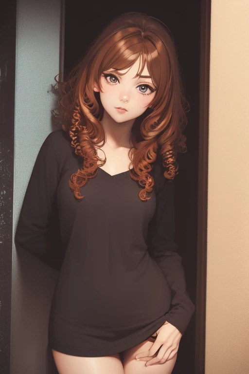 Sexy woman, 21 years old, curly ginger hair, Short fringe above the eyebrow, tanned skin, big brown eyes with brown eyelashes, crimson lips,leaning on a wall, dark environment , Wearing blue clothes