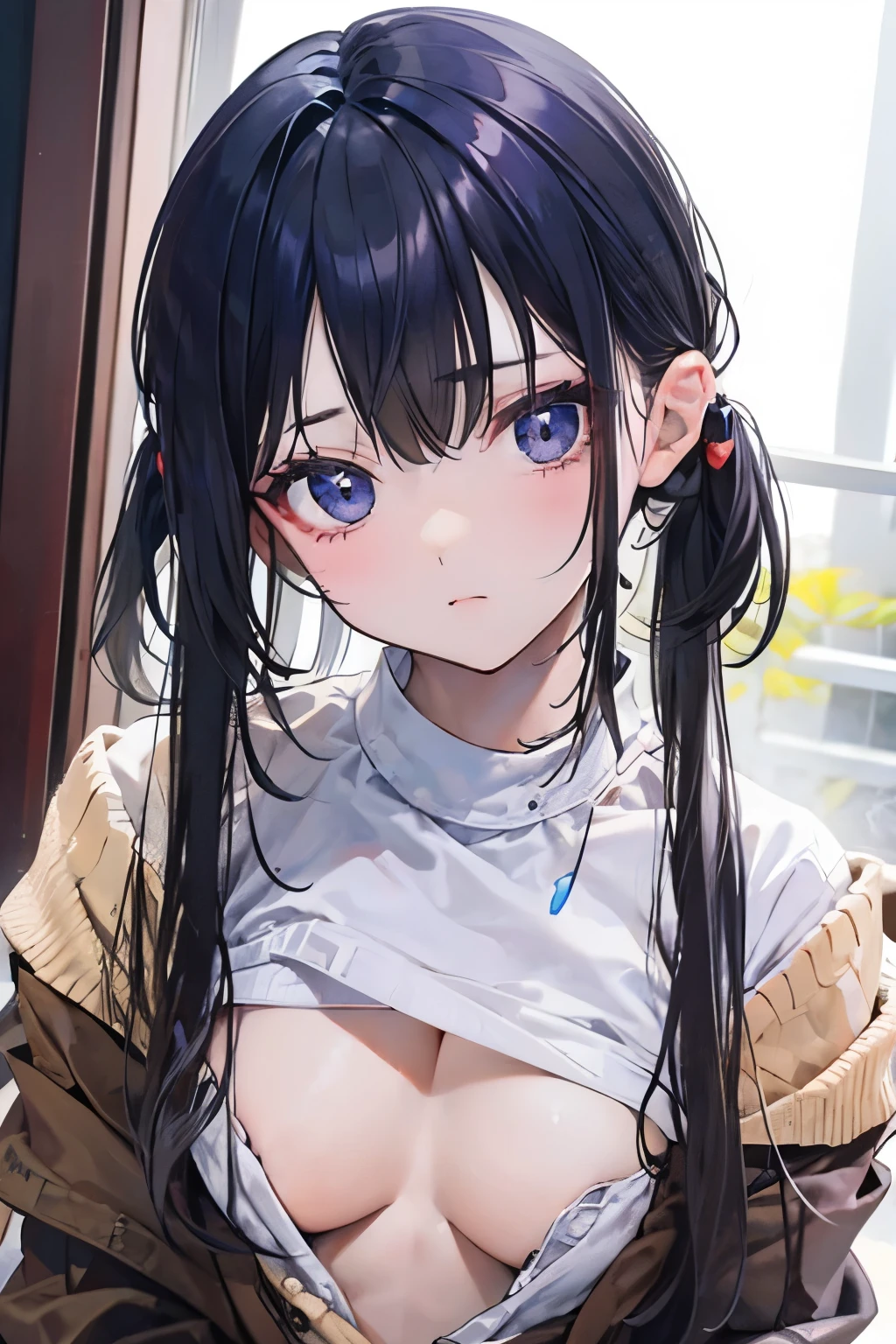First Person View、masterpiece、Perfect hand drawing、beautifulボディライン、beautiful、 (Thick neck:1.4)、Thick body、(Broad shoulders:1.4)、(wide cleavage:1.2) (Makes your face smaller)、(Pointed Chest:1.6)、Model Body Type、(F cup breasts:1.2)、(Pure white bra:1.2)、15 years old、Sharp eyes、Big moist eyes、Impatience and embarrassment:1.2、((school uniform:1.2))、Shirt and knee-length skirt、(Face Focus:1.4)、Disheveled long hair、Glasses、(On all fours, covering the viewer:1.2)、Very detailed, Detailed Background, Cinematic lighting,Teeth are protruding