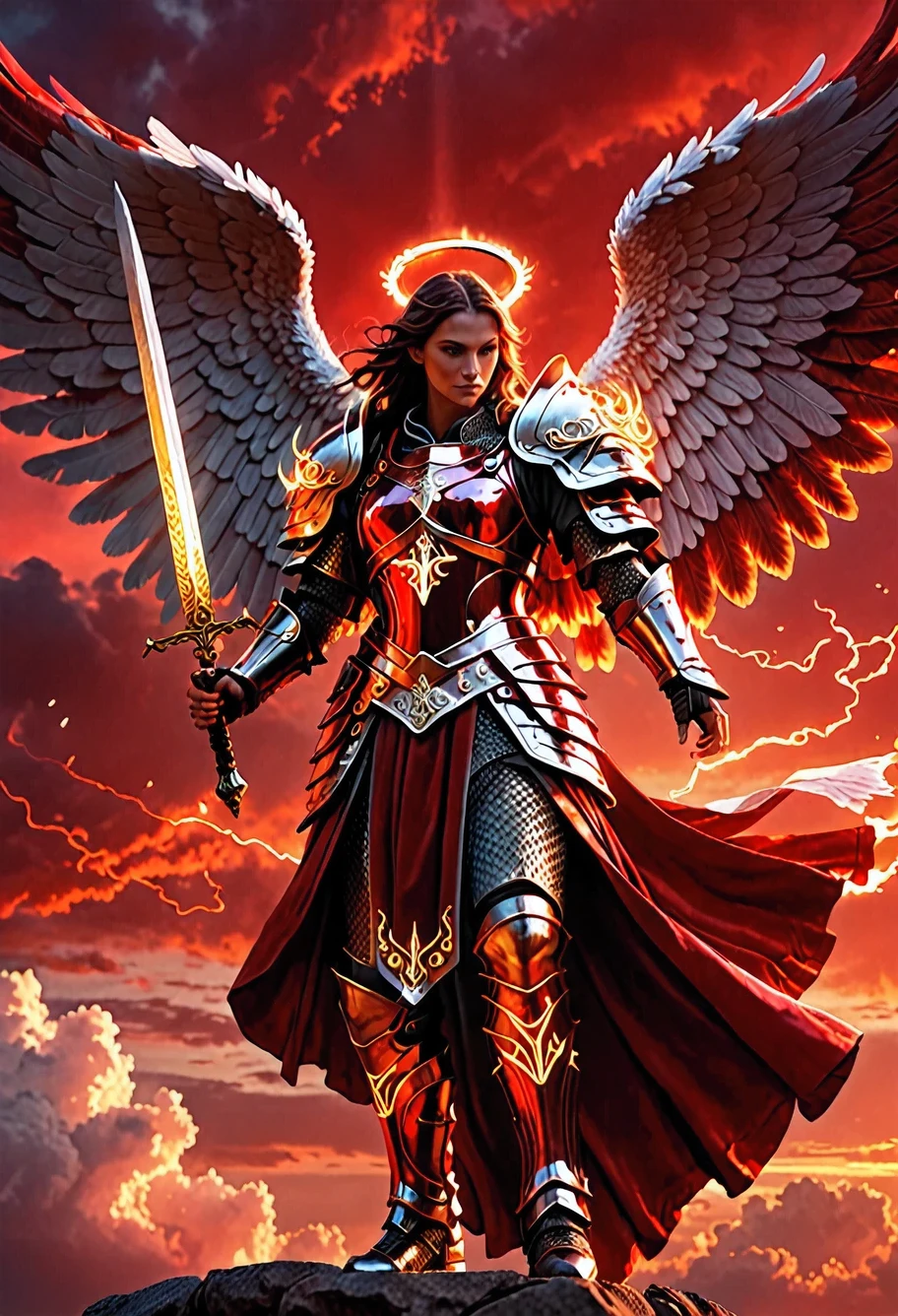 An angel wearing crimson flaming armor, adorned with glowing runes, descending from the skies, holding a sword on one hand and a Bible on the other hand. Red sky background, photorealism, 4k resolution