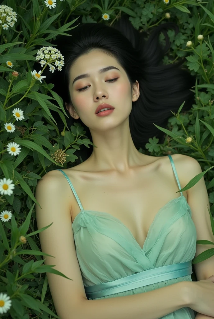 photography, realistic, Wong Kar-Wai movie, from top down shot of a Asian woman lying in grass, she wearing sundress