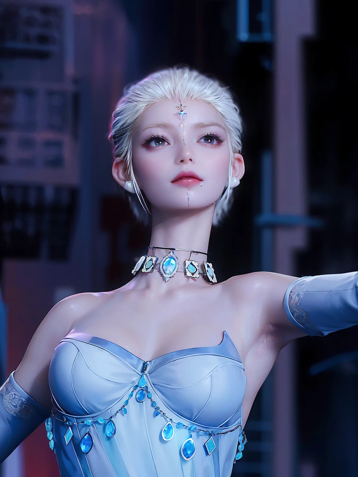 (masterpiece, best quality:1.5), fractal art, silver short hair, blue eyes, spotlight, sexy pose, beautiful girl doing pole dancing,