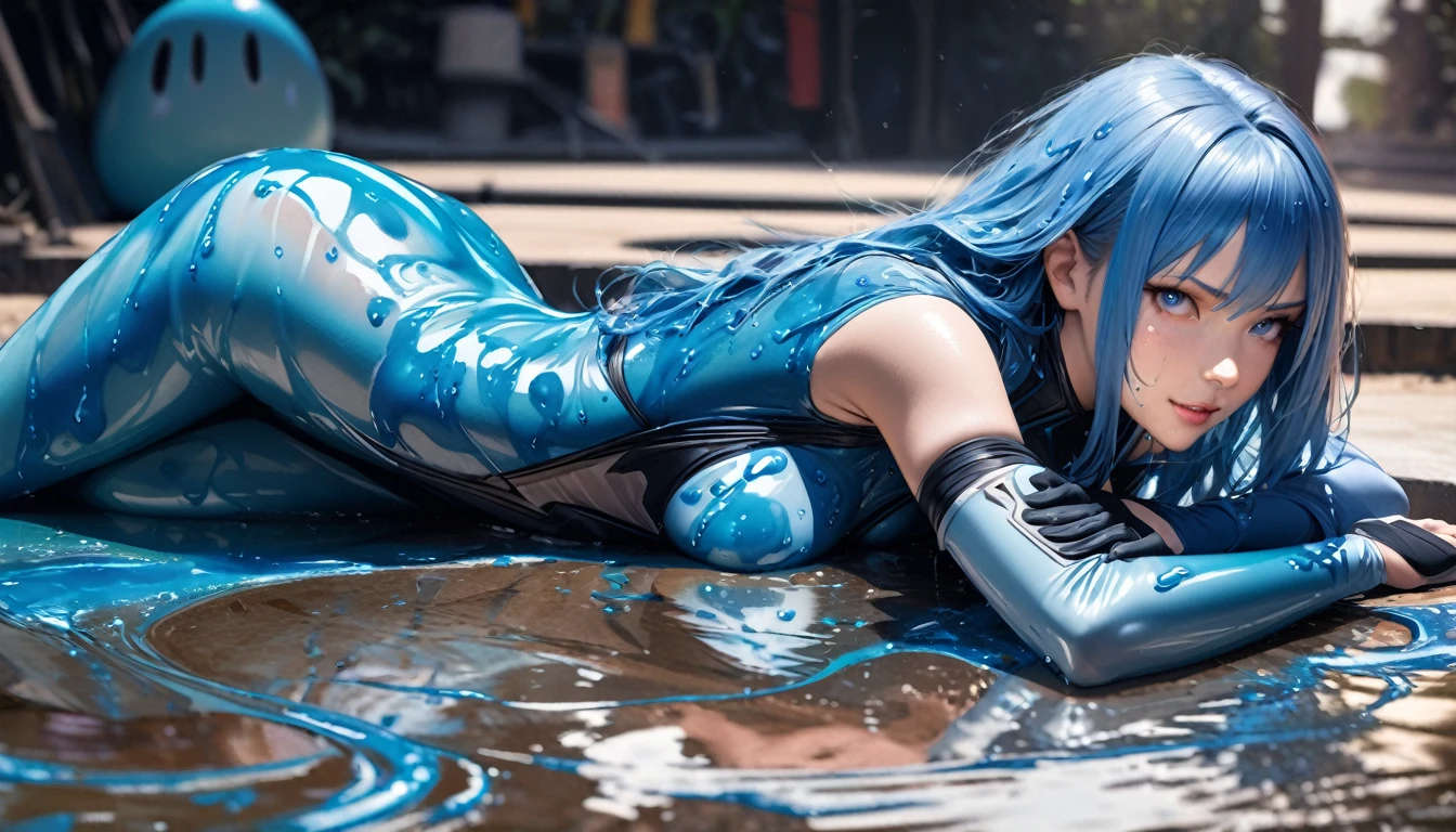 (hight resolution,masutepiece:1.2),Ultra-detailed,(Realistic:1.37),  Slime Girl,covered in blue slime, (partially transparent), (Wet with water), (blue sweat), Slimy blue liquid dripping from her body. Her hair is also covered in blue slime. blue slime scatters, Blue hair, blue eyes