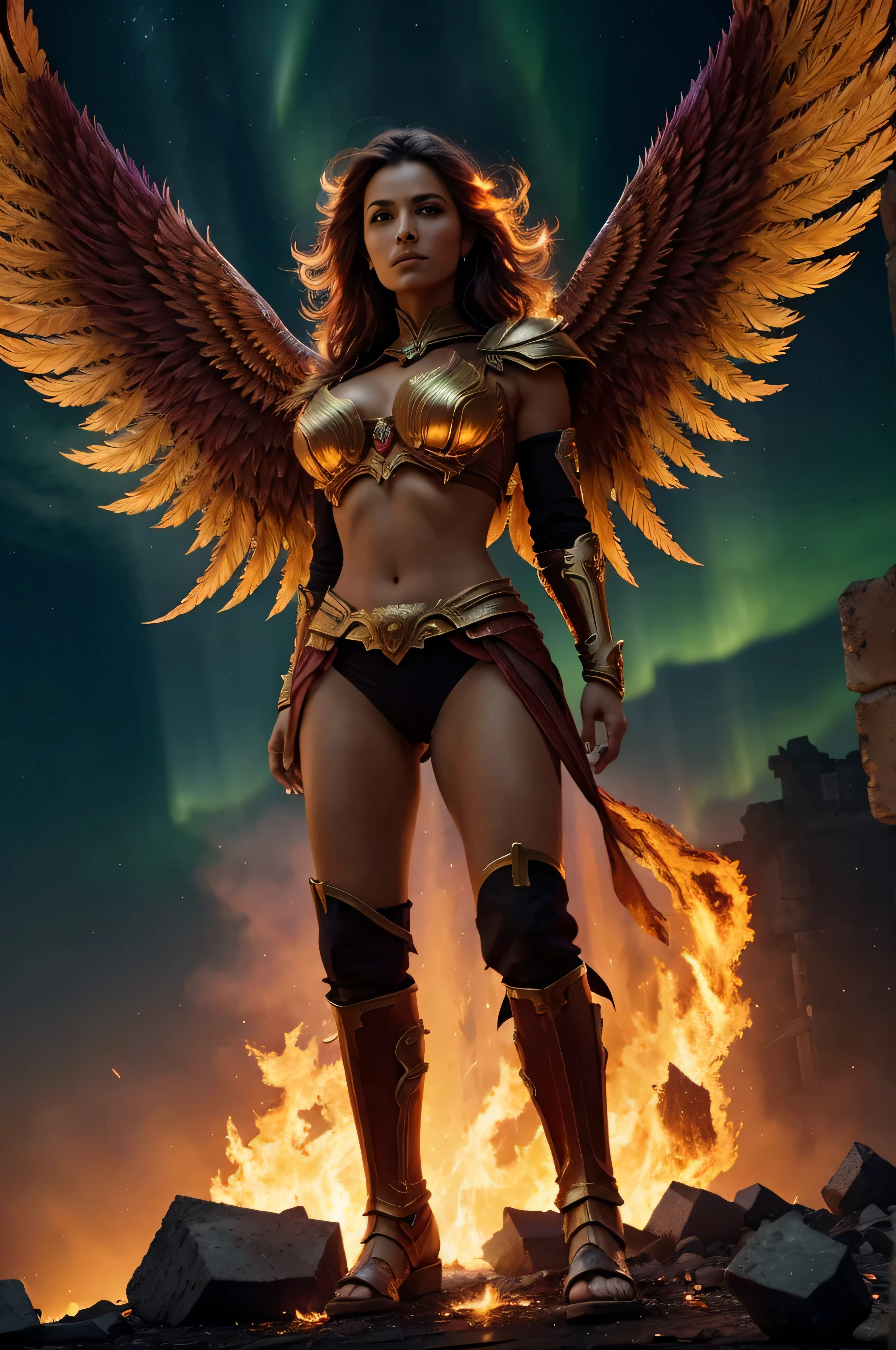 Close-up of a woman with fire and flames on her body and little clothing, with fiery golden wings de llamas, with fiery golden wings, epic fantasy art style, conceptual art | germ type, Phoenix Warrior, germ type extremadamente detallado, epic fantasy digital art style, female lord of change, Elementalist Full Portrait, Exquisite and epic character art.
