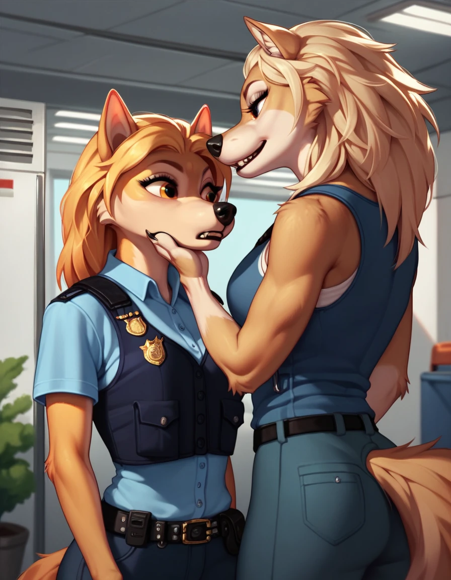 score_9, score_8_up, score_7_up, score_6_up, kate, wolf, anthro,  lineart, black, police vest, airport cargo room, sniffling boxes 