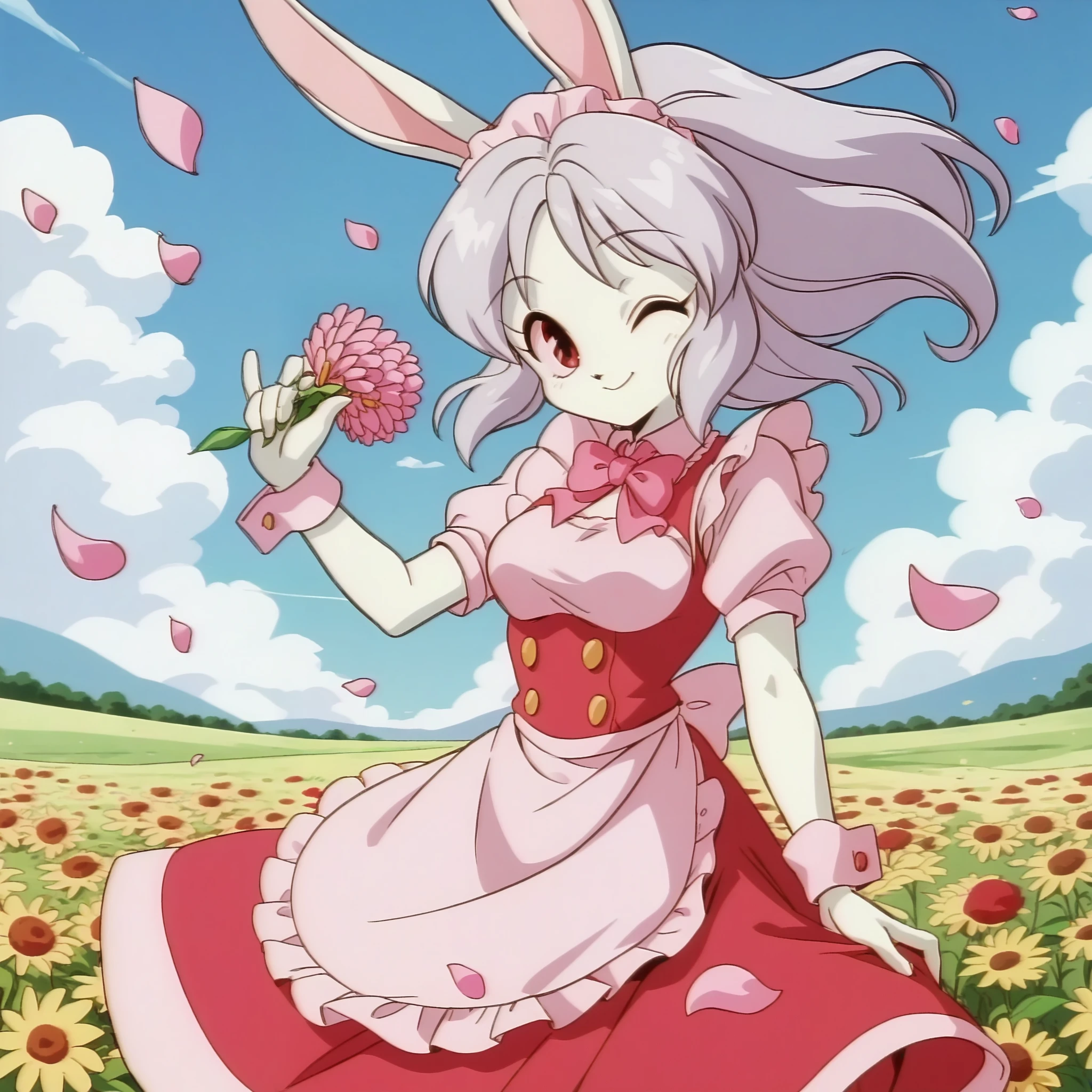 1girl, solo, score_9, score_8_up, score_7_up, rating_questionable,
cream_pony, rabbit girl, 
medium breasts,
medium hair, 
maid costume, 
looking at viewer, happy, closed mouth, windy, petals, flower field, holding skirt down, wind blowing, breeze, one eye closed,