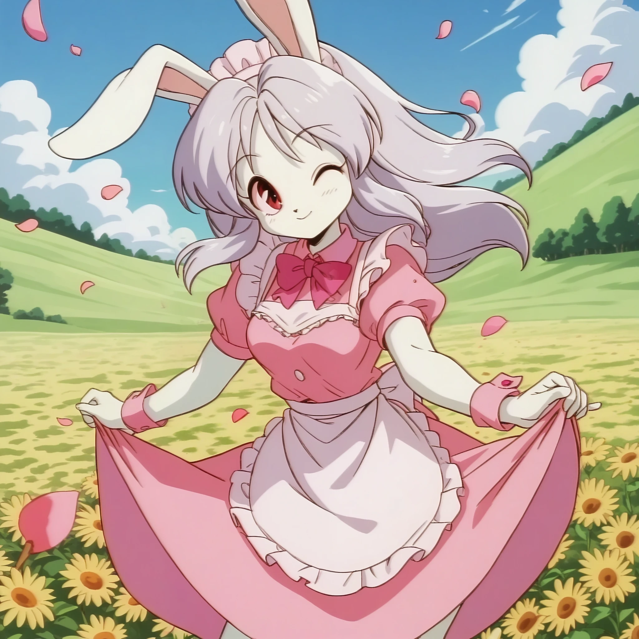 1girl, solo, score_9, score_8_up, score_7_up, rating_questionable,
cream_pony, rabbit girl, 
medium breasts,
medium hair, 
maid costume, 
looking at viewer, happy, closed mouth, windy, petals, flower field, holding skirt down, wind blowing, breeze, one eye closed,