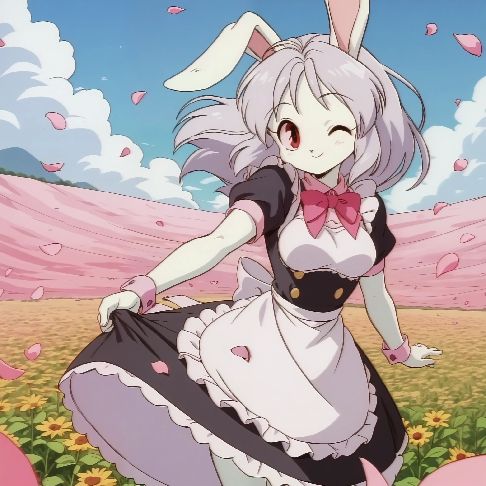 1girl, solo, score_9, score_8_up, score_7_up, rating_questionable,
cream_pony, rabbit girl,
medium breasts,
medium hair,
maid costume,
looking at viewer, happy, closed mouth, windy, petals, flower field, holding skirt down, wind blowing, breeze, one eye closed,