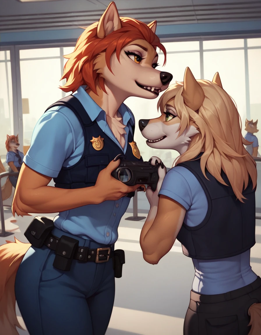 score_9, score_8_up, score_7_up, score_6_up, kate, wolf, anthro,  lineart, black, police vest, airport cargo room, sniffling boxes 