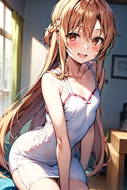 ((Best Quality)), ((masterpiece)), (be familiar with), Perfect Face, indoor, bedroom, Watching the audience,
One woman, Yuuki Asuna,
Open Mouth, Ecstatic expression, blush, smile,
Small breasts, Flat Chest, , , , Girl,
Long Hair, Long Hair,
Leg spread,