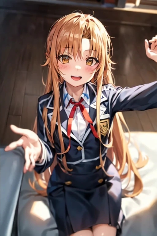 ((Best Quality)), ((masterpiece)), (be familiar with), Perfect Face, indoor, bedroom, Watching the audience,
One woman, Yuuki Asuna,
Open Mouth, Ecstatic expression, blush, smile,
Small breasts, Flat Chest, , , child, Girl,
Long Hair, Long Hair,
Leg spread,