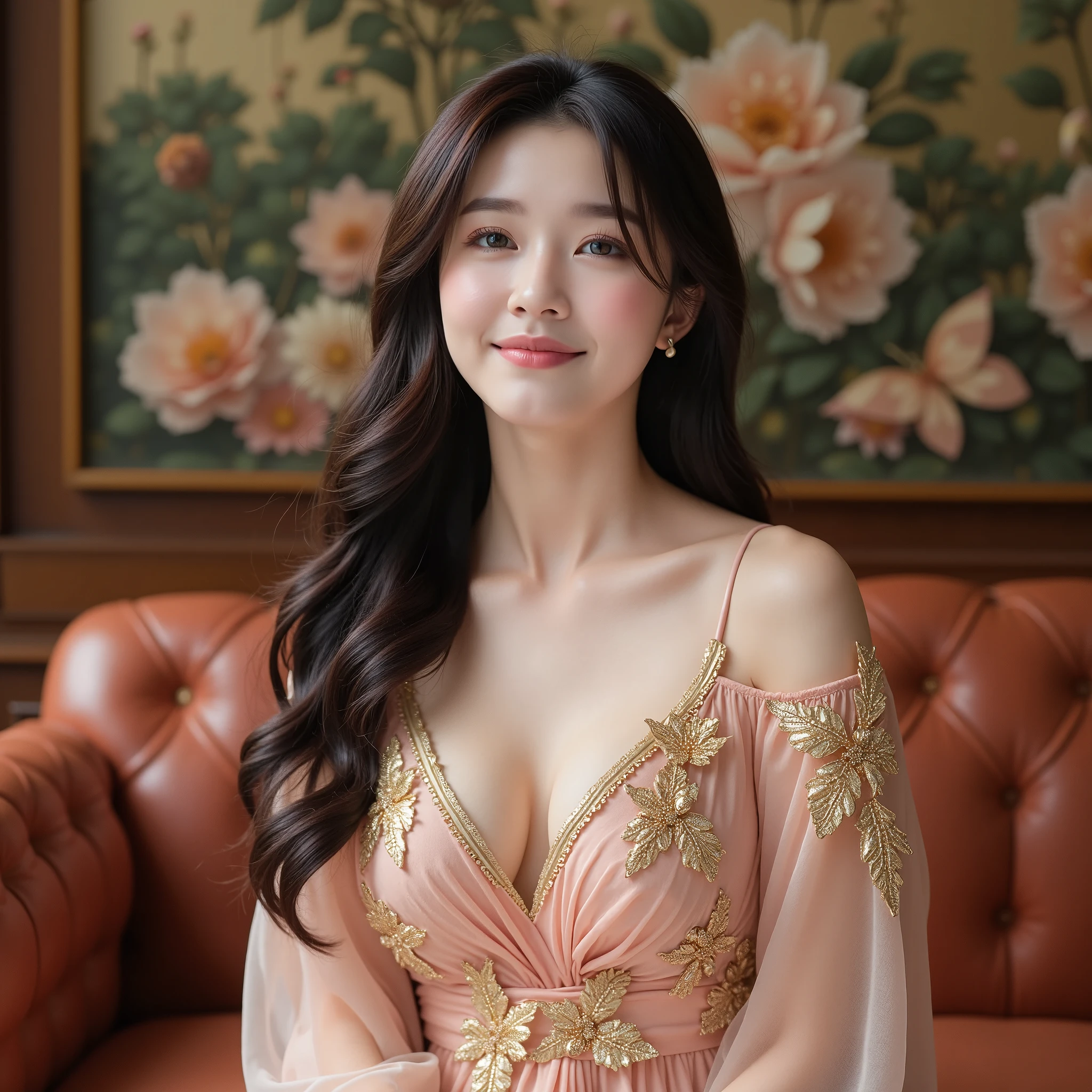 Beautiful Korean woman, smooth white skin, well-groomed face, long black hair, long luxurious loose dress, decorated with beautiful golden butterfly flower motifs. faint smiling expression, sitting gracefully on a luxurious sofa, luxurious room background, exquisite flower painting, the room looks authentic, original photo,