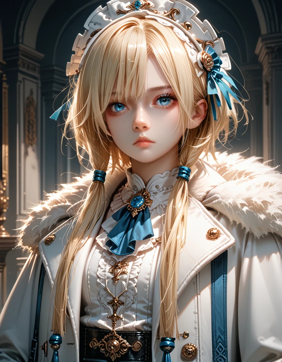 score_9, score_8_up, score_7_up, source_anime, solo, 1girl, sandrone, expressionless, looking at you, blonde hair, short hair with long locks, headdress, blue eyes, fur trim, white coat, fur-trimmed coat, coat on shoulders, white dress, long sleeves, white gloves 