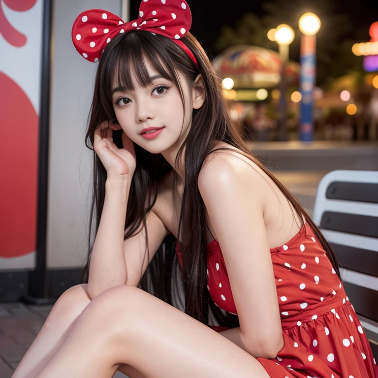 Tokyo Disney City〜, highest quality, realistic, Super detailed, finely, High resolution, (8K), 1 beautiful woman,, light brown messy hair, She is wearing a punk t-shirt and bikini.), sharp focus, perfect dynamic composition, beautiful and detailed eyes, thin hair, Detailed realistic skin texture, smile, , model body、(Full body to toes:1.4)、((Mickey's Ears))、(cloud level shot)、(side standing、looking forward to it)、(白い歯を見せるsmile)、(side shot)、(Mickey Mouse)、(Minnie Mouse)、(with)、