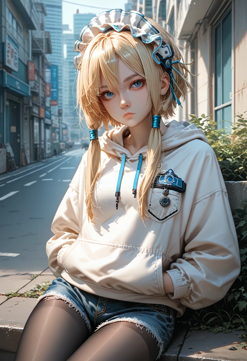 score_9, score_8_up, score_7_up, source_anime, solo, 1girl, sandrone, expressionless, looking at you, sitting, hands in pockets, blonde hair, short hair with long locks, headdress, blue eyes, white hoodie, blue shorts, denim shorts, black pantyhose, outdoors, city 