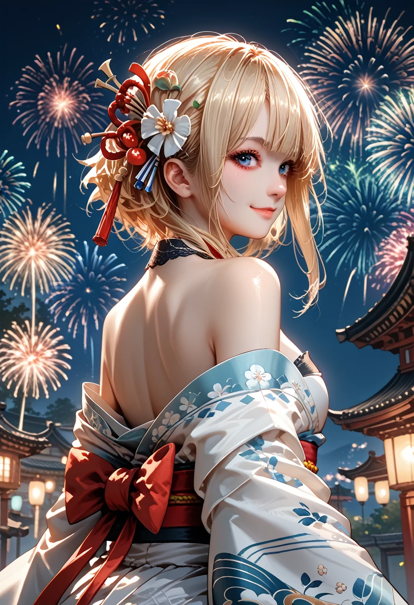 score_9, score_8_up, score_7_up, source_anime, from behind, solo, 1girl, sandrone, light smile, looking back, blonde hair, short hair with long locks, hair flower, blue eyes, japanese clothes, white kimono, off shoulder, red sash, bare shoulders, fireworks 