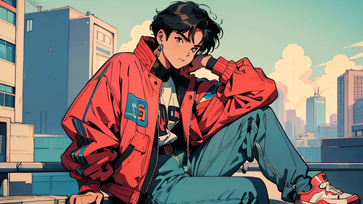 City Pop , anime, manga,レトロanimeの,Urban Fashion,Streetwear,90s vibe,Colorful clothing,Casual pose,Bold accessories,Graphic Jacket,High waist pants,sneakers make it a boy