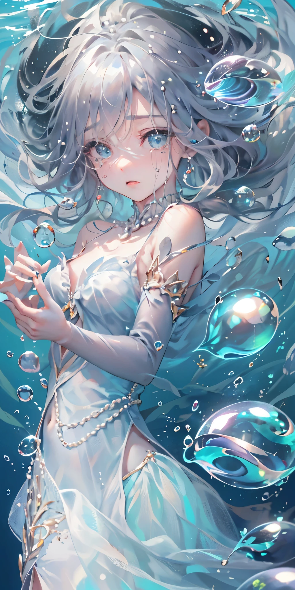 1girl, Alone, mermaid, The lower body of this fish is beautiful., Tragic Love, Hands on chest, (whole bodyが泡で包まれる:1.4, Large and small bubbles:1.3, Lots of bubbles:1.4, Beautiful bubbles:1.4), (Very detailed:1.1),  The eyes are well drawn, Attractive eyes, Big tears from the eyes:1.3, Beautiful expression of tears, Double Tail, Wearing jewelry or pearls around the neck, Transparent openwork, Deep V, Crystal Pearl, 在Wearing jewelry or pearls around the neck, Gray Hair, bare shoulders, Indicates clavicle, ((whole body)), Painful posture, Beautiful underwater, Beautiful marine blue sea