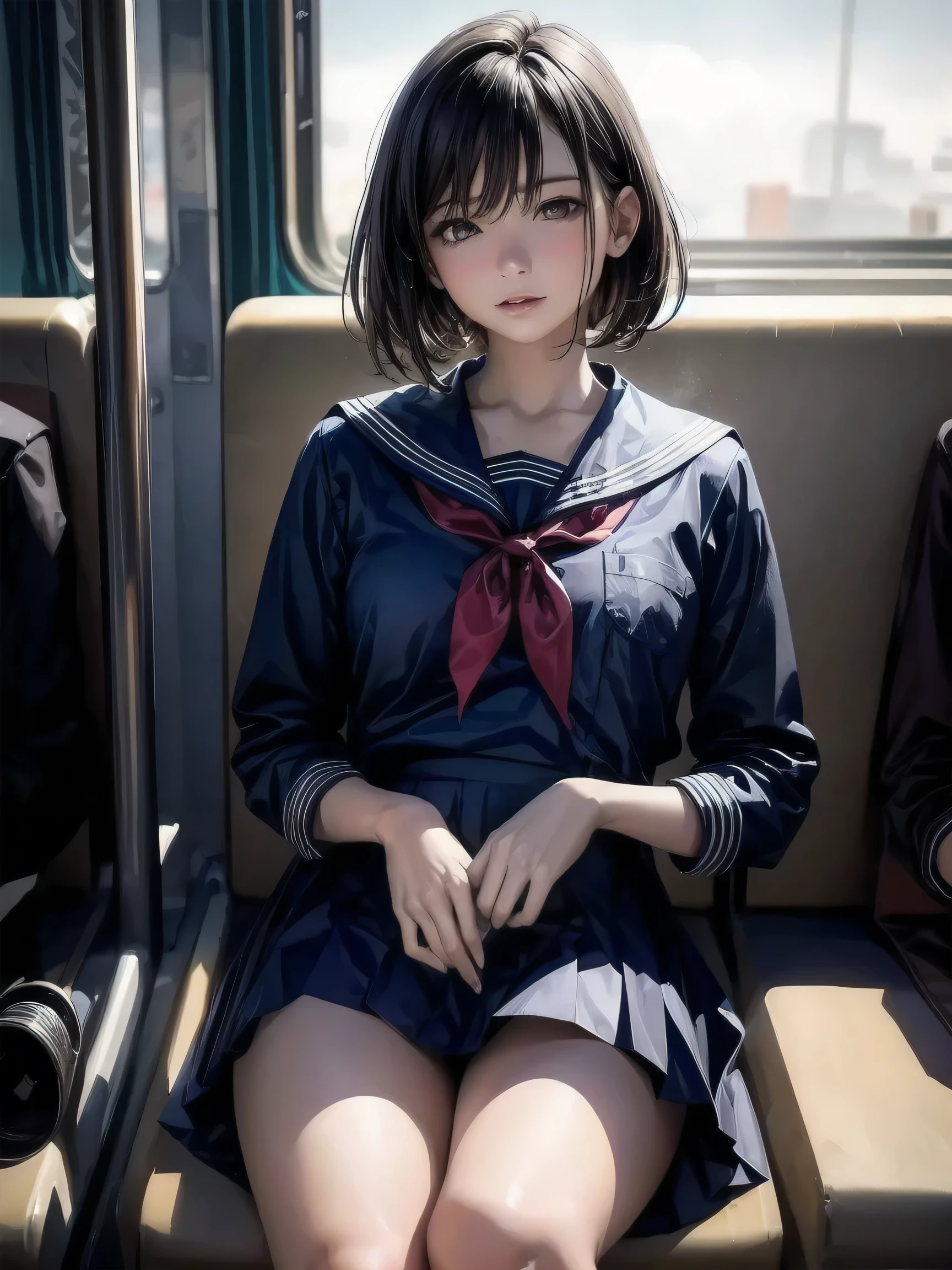 "(masterpiece, High resolution, Ultra High resolution, 4K) Brown Hair,Short Hair, Japanese Girls , Uniform skirt, Accentuate your thighs,  Soft thighs, Great thighs, Sitting on a train, Facing angle, (Angle from below),sitting on a train seat,sitting in front,Crotch Zoom Camera,Put your feet on the train,whole body,Looking down sleepily,Only watching the audience", Please redeem, White underwear is visible,超High resolution, (Realistic:1.4),, High resolution, detailed, RAW Photos, Shapuri, Nikon D850 film stock photo by Lee Jefferies 4 Kodak Portra 400 camera F1.6 lens rich colors hyper Realistic lively textures dramatic lighting unreal engine artstation trends cinestir 800,