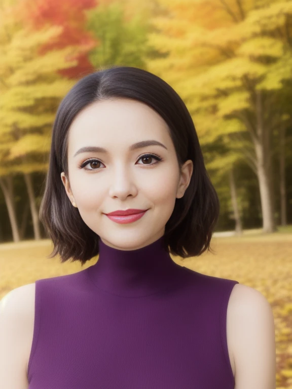 (throw, masterpiece, high quality, UHD, 8k)、One Japanese woman、40 year old married woman、Mischievous Smile、Sharp focus、Brunette short hair、Perfect Makeup、False eyelashes、Eyeliner、Eyeshadow、Glossy Lips、Turtleneck sleeveless top、(A celebrity wife relaxing on a clear autumn afternoon,Beautiful portrait photography)