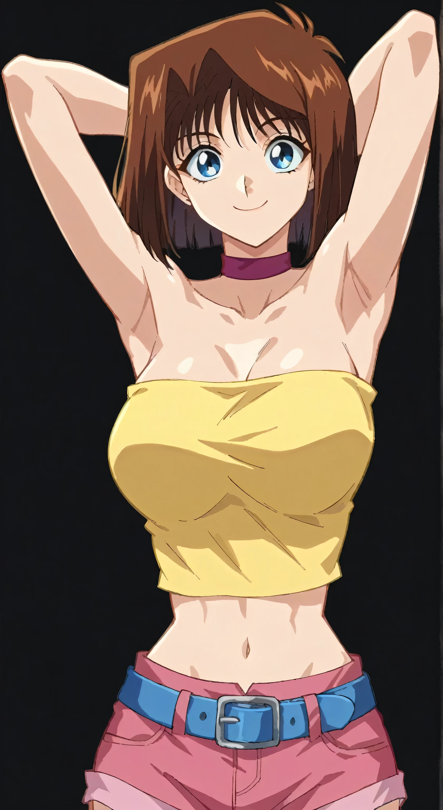 Here's the prompt:

A masterpiece anime screencap of Ochako Uraraka posing in Stocks Pose and restrained by mechanical_restraints with bare shoulders, black shirt, and blue pants. Perfect scenery and lighting highlight her perfect figure. Highly detailed, high-resolution image showcases her laughing with arms up, armpits visible, midriff visible, and sideboob exposed. She is bound by a sex machine and armpit tickled to insanity. Her face is ahegao as she's armpit tickled from behind, tears and saliva dripping down her cheeks. Her eyes are wide open, tongue out, and rolling in laughter as hands linger in her armpits. Armpits licking and licking_armpits are the focal point of this uncensored and absurdres image.