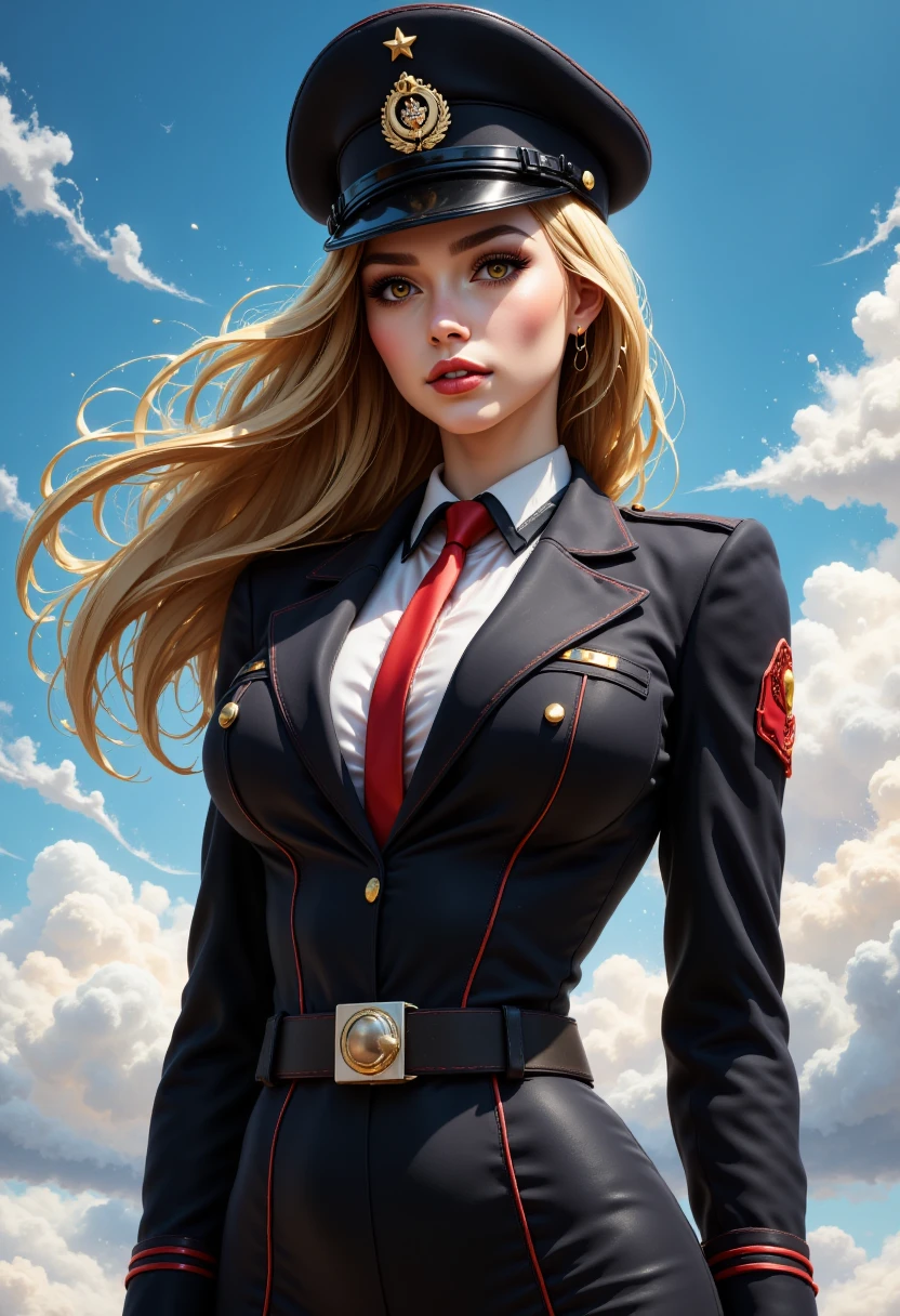 Cartaz CCCP,Cartaz da URSS,Bandeira azul, amarela e branca no fundo,Cartaz da URSS,Cartaz da URSS,October Revolution,((Cartaz CCCP,Cartaz da URSS))(Blonde 1 mature girl raises her hand in the air)cartaz promocional,cartaz para,Bandeira azul, amarela e branca em postes,Blue sky with fighter jet,roupas escolares,1 cinta,Poster design,estilo de arte do cartaz,1980s,1950s,Anos 1960,Anos 1970,Basic color scheme,arte colorida,tricotomia,Inspirador,xogum,oficial militar,Woman,1 Menina madura,hair fluttering in the wind,Hands raised,Revolutions,Aponte com o dedo,fundo quadrado vermelho,Perna fina, --auto