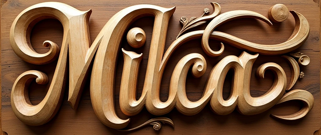 Create a wooden letter calligraphy with the name.   "Milca Castelo" spelling this way.