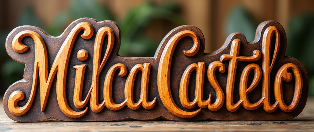 Create a wooden letter calligraphy with the name.   "Milca Castelo" spelling this way.