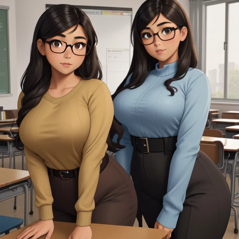 1mujer, sexy, hermosa, sensual, maestra, en aula escolar, con lentes, pelo negro, pechos grandes