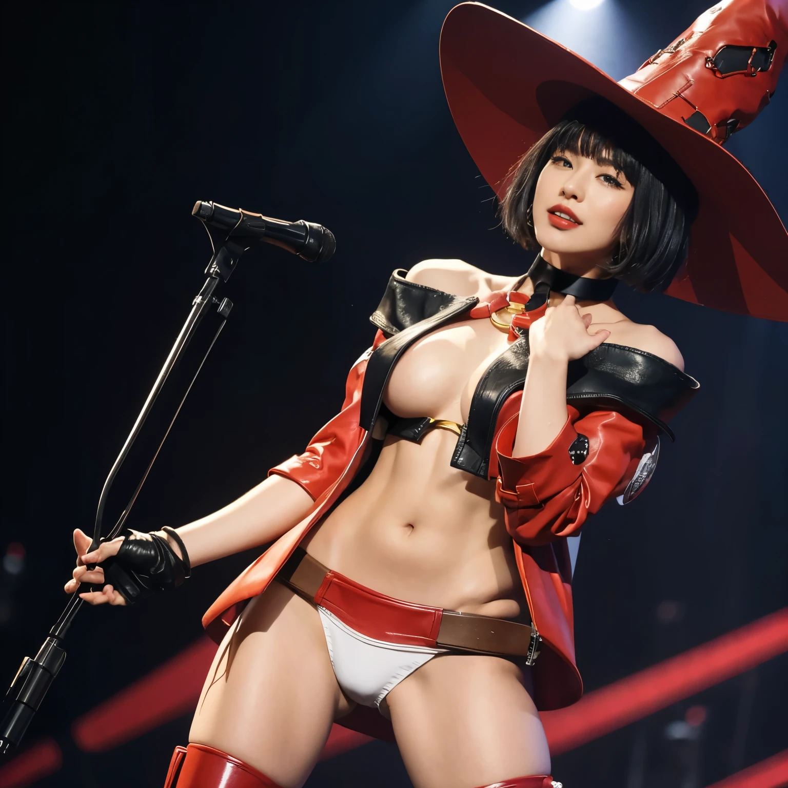 (masterpiece), best quality, expressive eyes, perfect face,1girl,solo, ,Red thigh boots, Hat , Crop jacket,I-no, bare shoulders, hat, choker, o-ring top, detached sleeves, short dress, fingerless gloves, thigh boots,I-no, hat, choker,red jacket, short sleeves, black shirt, midriff,fingerless gloves, thigh boots, (singing RingoSheena open thighs),solo,shoot from below,red tight mini skirt,up skirt,((white panties)),live stage sky,Mole on the mouth(camel toue),puffy nipples,Bleeding from the groin,RingoSheena_JP_Singer,(partially visible vulva),blood from crotch,M-shaped spread legs,