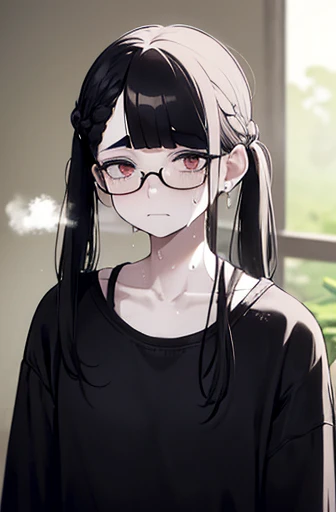 (masterpiece), best quality, expressive eyes, High resolution, Anatomically correct, 1 Girl, Perfect face, Perfect hands, woman, pale, Glasses, Straight Hair, Bangs, Black Hair, very long Straight Hair,  Gray eyes, Glasses, Weak, fatigue的, Large Breasts, Graphic T-shirt, Gothicic, Emo, Gothic, Expose the left shoulder, perforation, ear perforation, lip perforation, fatigue, Eye bags, sore, Empty eyes, Poker face, Weak, Crazy face, Crazy Eyes, side fringe, Necklace, permanent, Terrified, Shock, nervous, emphasize, sweat, Black Hair, Gray eyes, Wet shirt, Black Hoodie,