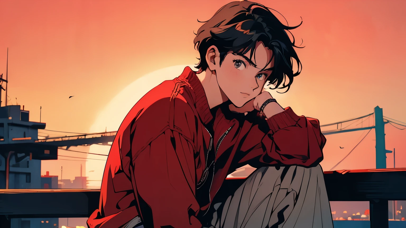 anime boy casual pose cherry red wallpaper in city floral background dark ambiance