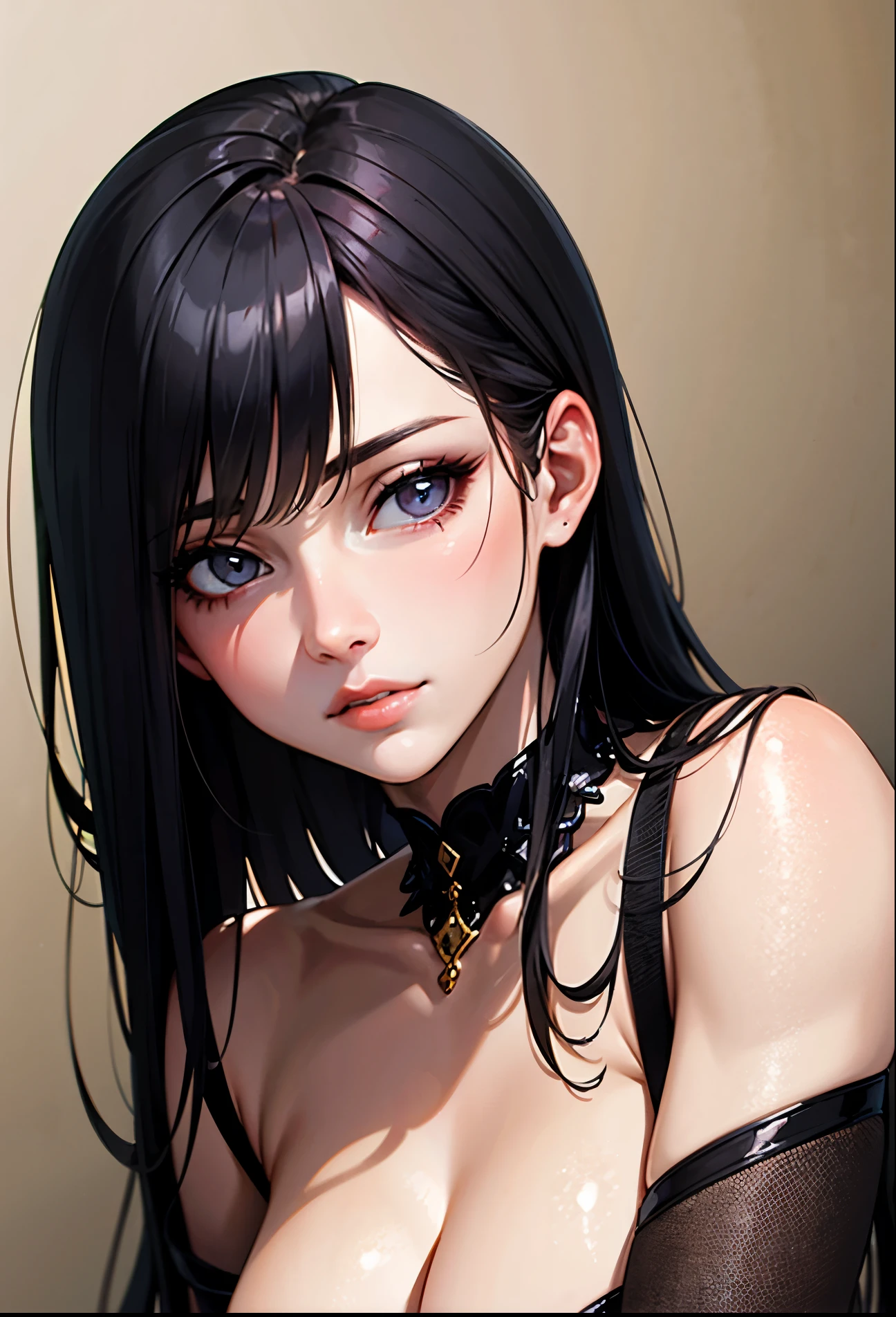 (Top resolution、Distinct_image) best qualtiy、femele、​masterpiece、ighly detailed、Semi-realistic、Black short hair、A dark-haired、bangss、29yo、shoulder-length hair、Mature、年轻、Black clothe、Black uniform、military outfits、Military Academy、Beautiful fece、Heroic、Heroic、Background inside the house、Delicate and delicate facial features、(((A look of contempt towards the viewer)))、enticing lips、(((Entice viewers)))、Colossal tits、Focus on lips