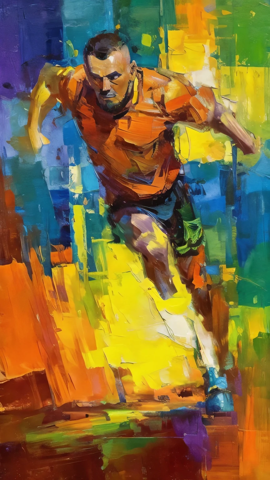 A Fauvist-inspired abstract scene of a man practicing for a marathon, portrayed through flowing, faceless shapes and bold, expressive strokes. Intense, vibrant colors like deep purples, oranges, and electric greens fill the canvas, symbolizing the inner drive and focus needed for the challenge. The figure’s form is absorbed into a landscape of twisting, chaotic patterns, symbolizing the philosophical journey of perseverance and growth. The abstract lines and brushstrokes suggest both the physical and mental discipline of long-distance training, creating a sense of movement, struggle, and wisdom