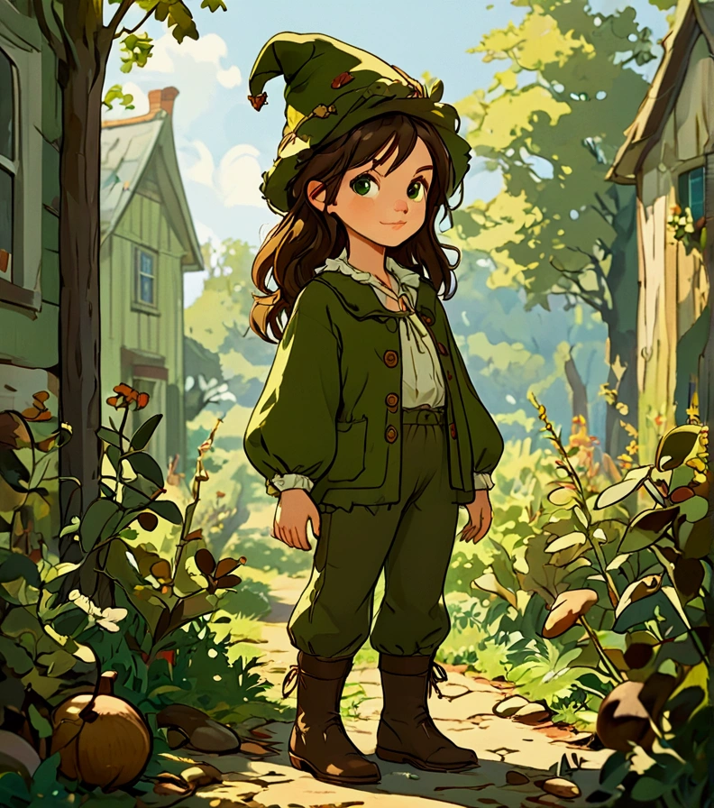 This country-dwelling fairy is female with green eyes, a olive complexion, and straight brown hair worn mid-length.  She is a little short and is a bit pudgy.  She wears a pair of short frilly trousers, a shirt with long sleeves, and a pair of pointed boots.  She also wears an acorn cap and a long jacket. 