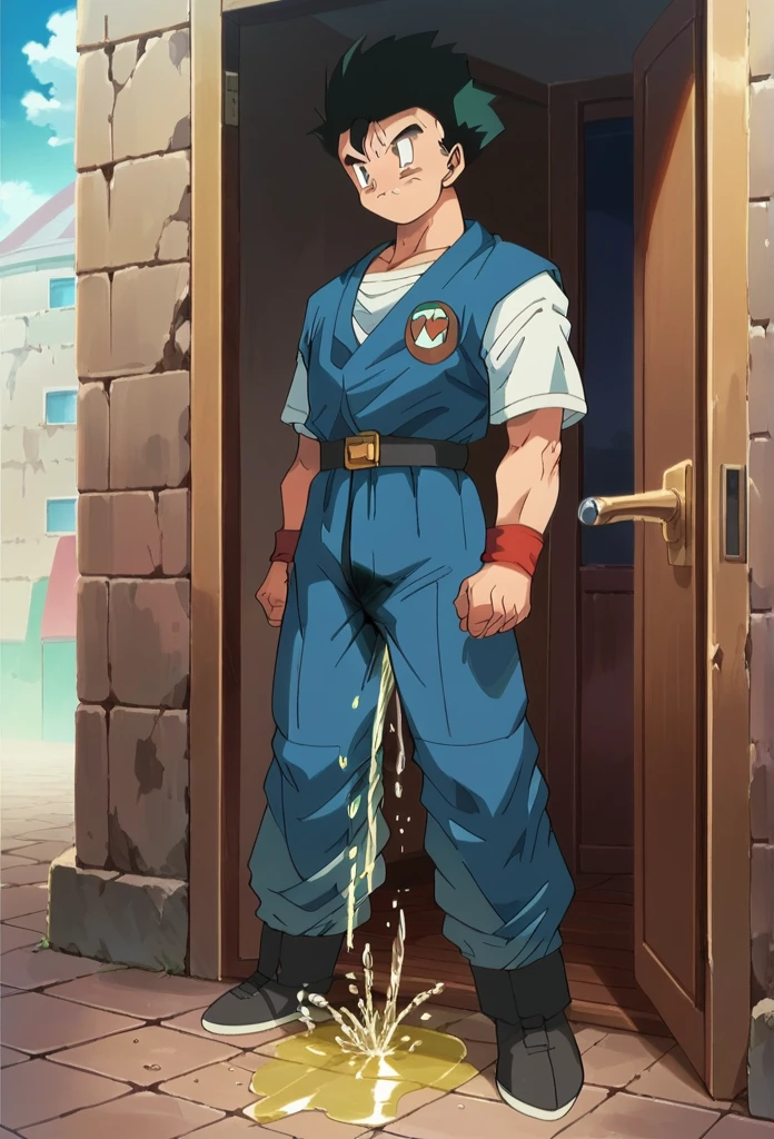 20 years old slender and mascular, son Gohan, wearing blue short trousers, civilian costume, He is peeing himself in front of a door. He couldn't hold his pee. There is a large pee wet spot on his crotch. Pee stain on his pants. Pee wet spot on his crotch. He is ashamed of peeing himself.