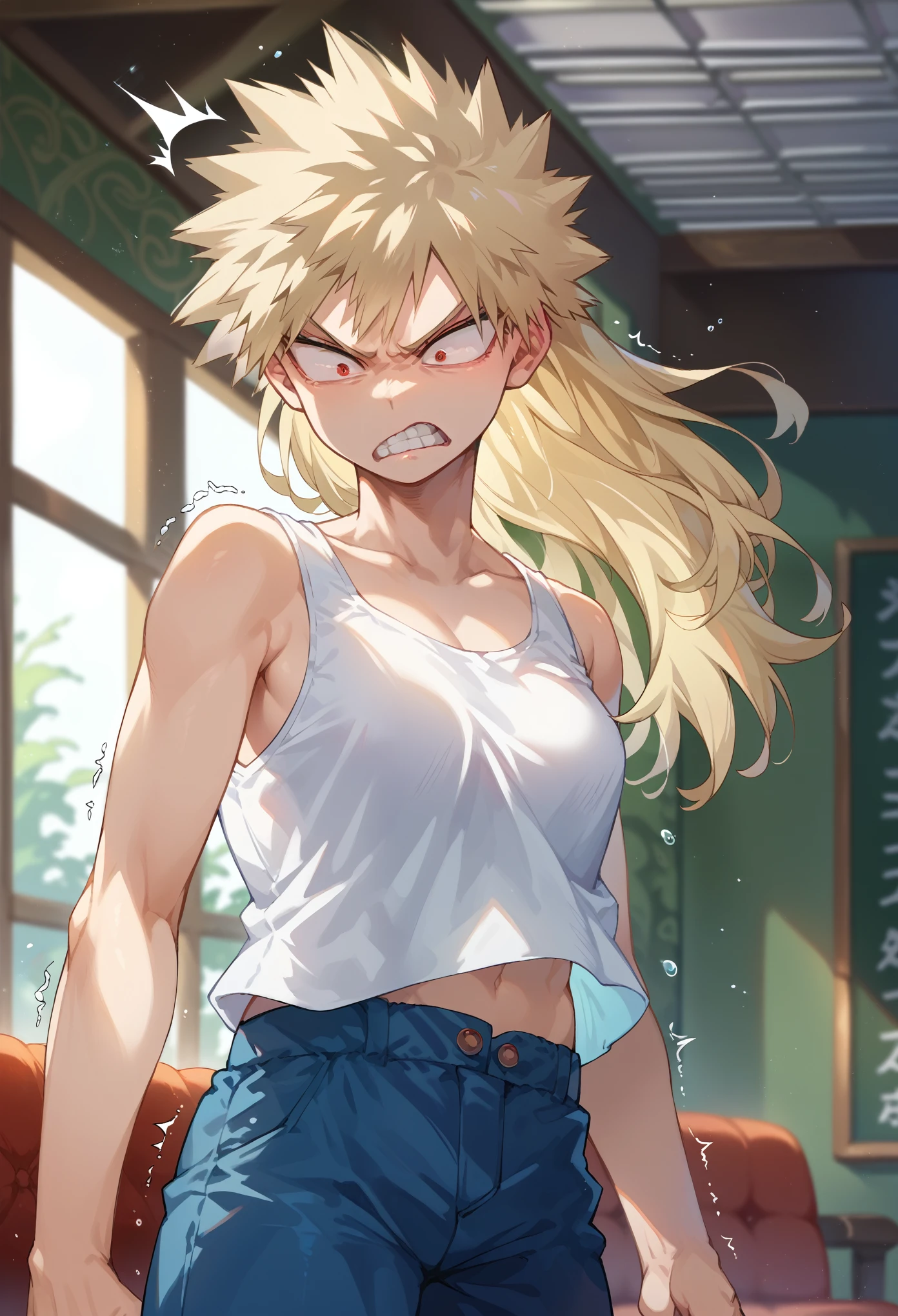 score_9, score_8_up, score_7_up, 1girl, solo, female focus, skinny, bakugou,blonde hair,red eyes, long hair, spiked hair, white tank top, blue pants, angry, frown, teeth, shocked, shaking, standing, looking at down, indoors, hall, lobby